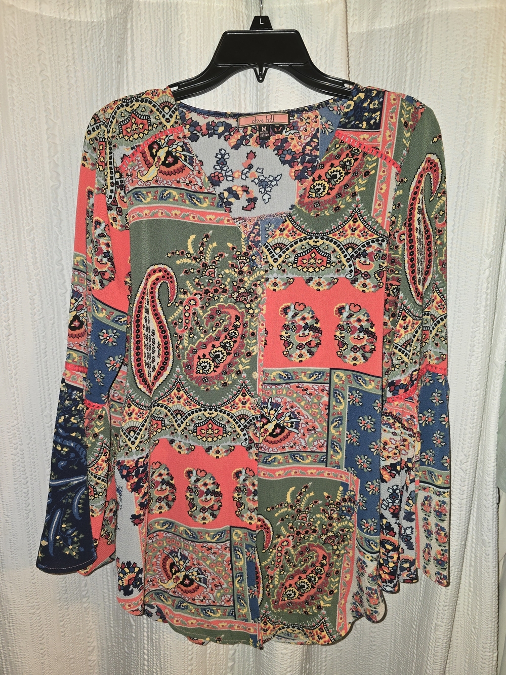 Womens M Paisley Patchwork Long-Sleeve Blouse in Coral & Olive